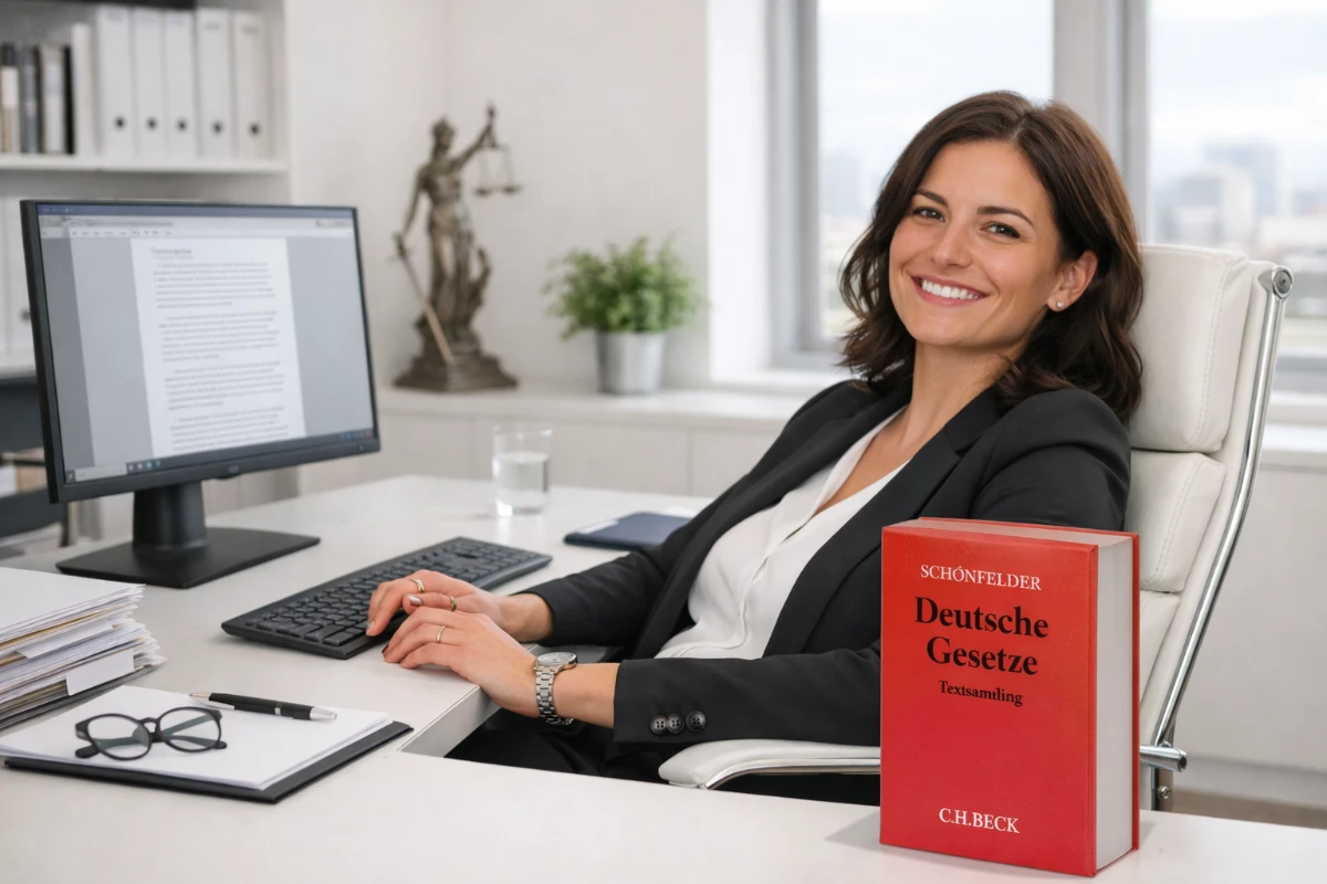 Anwältin am Schreibtisch mit Laptop und Gesetzbuch — professionelles Kanzleibüro