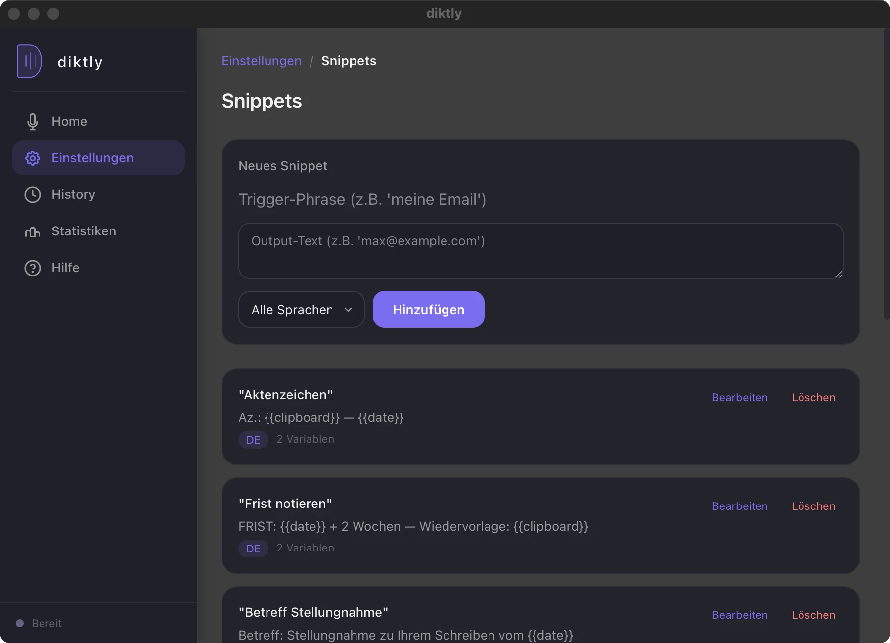 Diktly Snippet-Verwaltung mit Trigger-Wort und Textbaustein