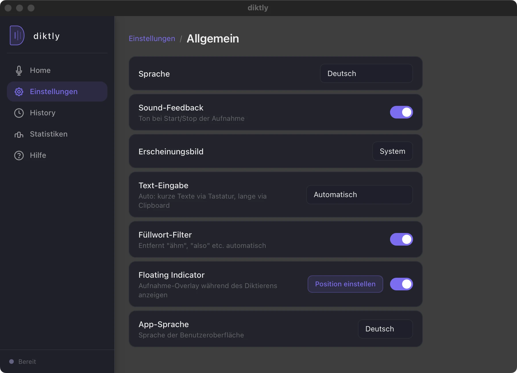 Diktly Sprachauswahl mit Flaggen und aktiver Auswahl